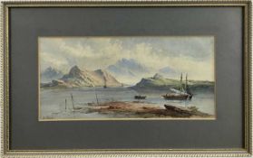 George Earp (British, 19th century) watercolour- moored vessels, signed, 35.5cm x 16.5cm, framed