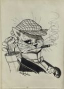 Manner of Louis Wain, pen and ink sketch on paper - a cat with golf clubs, 25cm x 17.5cm