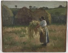 Early 20th century Impressionist study oil on panel - farm girl gathering hay, signed, 20 x 25cm, un