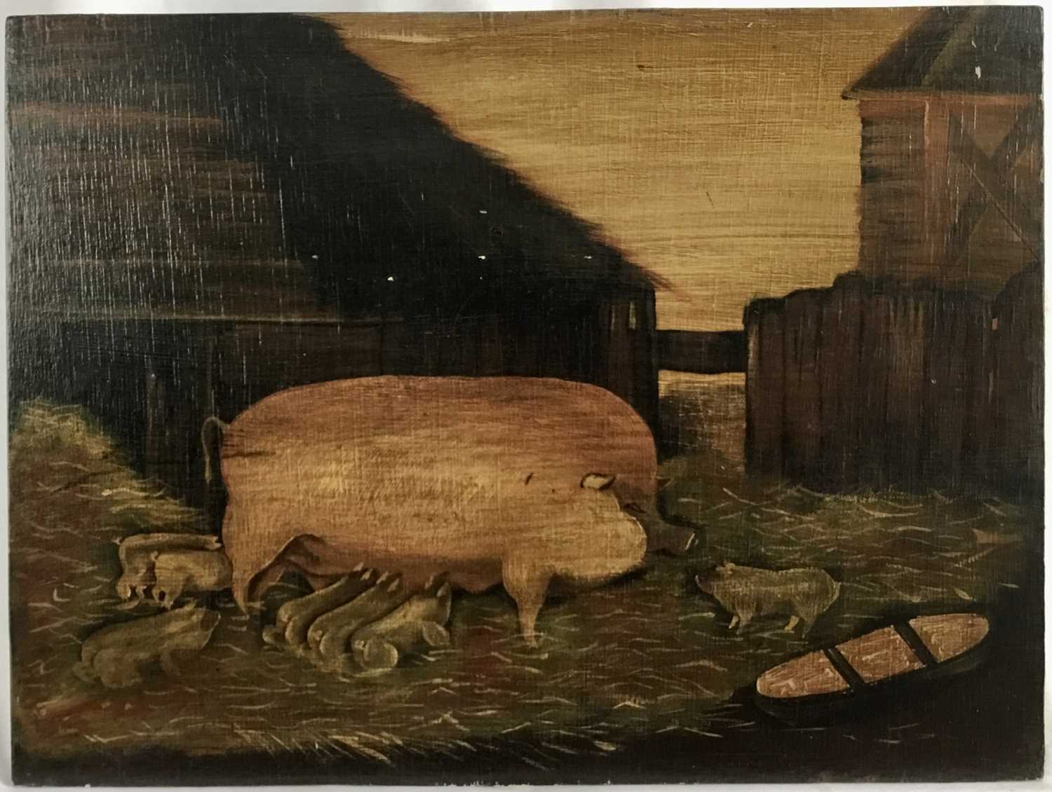 English School early 20th century, naive oil on panel of a prize sow and her piglets, 33 x 44cm, unf