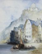 Charles Rowbotham (1856-1921) watercolour of a European lake scene with houses and castle, signed, 2
