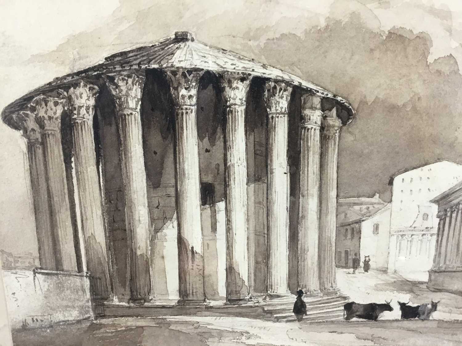 English School, 19th century, monochrome watercolour - The Temple of Vesta, Rome, 20cm square, in gl - Image 3 of 8