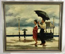 Manner of Jack Vettriano, oil on canvas, figures with umbrellas, 50 x 60cm, framed