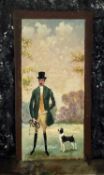 Folk Art oil on panel depicting a hunting gentleman and his terrier, 37cm x 28cm, unframed