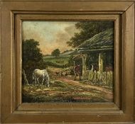 19th century oil on panel of horses in a barn, 22cm x 25cm, framed