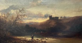 19th century oil on canvas, landscape at dusk, 24cm x 44cm, in gilt frame