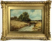 1920s English School oil on canvas - harvest scene, indistinctly signed and dated, 26 x 37cm, behind