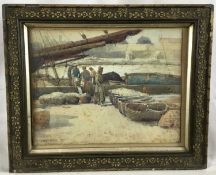 Ernest Dade (1868-1936) watercolour - Fisherfolk at the Harbourside, signed, 18cm x 23cm, in glazed