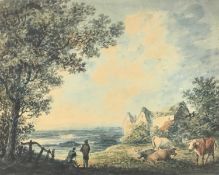 Attributed to John Robert Cozens, watercolour - extensive landscape with figures and animals, 25cm x