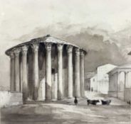 English School, 19th century, monochrome watercolour - The Temple of Vesta, Rome, 20cm square, in gl