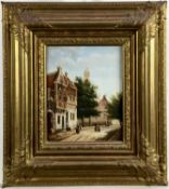 A Dutch-style oil on panel of a street scene, signed Van Wyke, 24.5 x 19.5cm in gilt frame