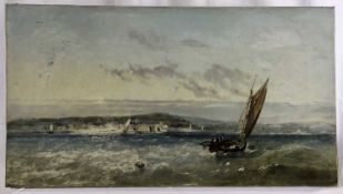 19th century oil on canvas - ‘Penzance from Mousehole’, indistinctly signed, 56cm x 31cm unframed