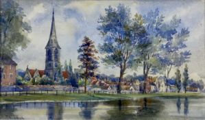 Rosaline Tallack, late 19th century, watercolour - church beside a river, possibly a Norfolk view, s