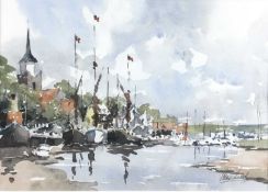 Alan Smith (b.1941) watercolour - quayside (probably Maldon) with moored Thames barges, signed, 35cm