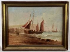 E de Blanon, 19th century, oil on canvas, beached fishing vessels, signed and dated '90, 24 x 35cm,