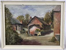 English School, 20th century oil on board - farm outbuildings, 39cm x 29cm in white painted frame