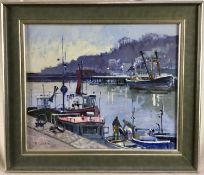 Roger Curtis (Contemporary) oil on board - boats in a harbour together with a signed colour etching