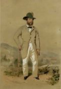 Gambrel watercolour - A Swiss gentleman standing in a landscape smoking a cigar, signed and dated 18