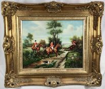 Twentieth century oil on panel - fox hunting scene, signed W. Larsen, 39.5 x 49.5cm, framed