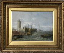 19th century oil on board - the Thames at Westminster, 20cm x 28cm, in gilt frame