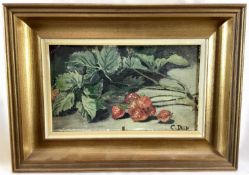 Continental School. Oil on board still life study, strawberries. Signed lower right. Gilt frame
