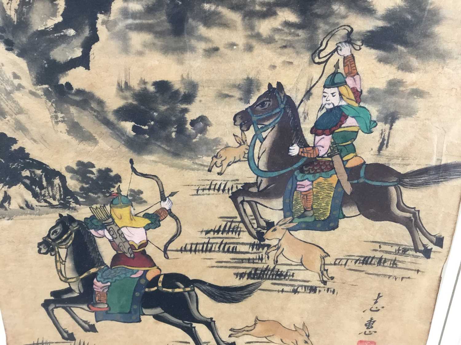 Chinese painting on ricepaper, warriors on horseback, signed with character mark, 40x 30cm, framed a - Image 3 of 5