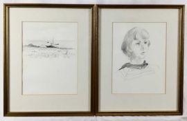 Glyn Morgan (1926-2015) two pencil sketches, Aldeburgh beach and portrait of a lady, 25 x 18cm, in g