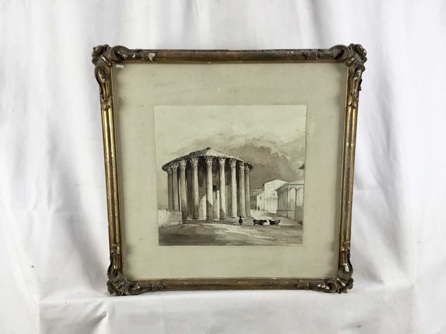 English School, 19th century, monochrome watercolour - The Temple of Vesta, Rome, 20cm square, in gl - Image 2 of 8