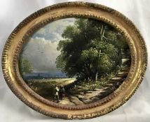 English School 19th century, oval oil on board, rustic figures in a landscape, 23 x 29cm, in gilt fr