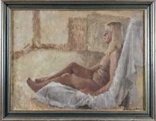 Heather Harcourt Powell, 20th century. Oil on board, reclining female nude. Signed and dated lower r