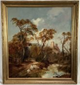 English School circa 1900, oil on board, wooded river landscape with a fisherman in the foreground