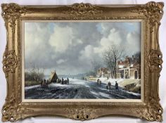 A Dutch-style oil on panel of a winter scene, signed Ross Steffan, 39.5cm x 59.5cm in gilt frame