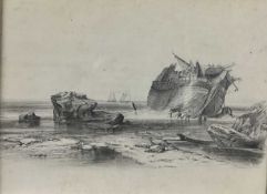 19th century English School, graphite study of a shipwreck on the shore 40cm 30cm in gilt frame