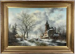 Large 19th century Dutch style winter skating scene, signed H Hess, 59cm x 89cm, framed