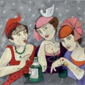 Vicki Otte (Contemporary) oil on canvas, three women drinking cocktails, 46 x 46cm unframed