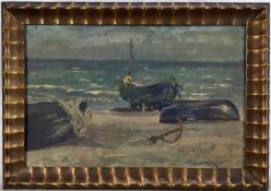 Louis Parenthou, 1888-1982, French school. Impressionist oil on board study, fishing boats on the sh