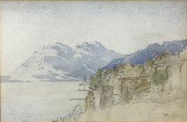 Thomas Miles Richardson (1813-1890) watercolour, Italian Lake, monogrammed, 15 x 22.5cm, framed