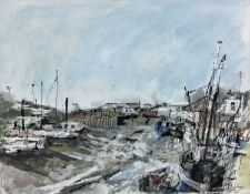John Burleigh, 20th century. Watercolour, “Queenborough”. Harbour in the Isle of Sheppey, Kent. Sign