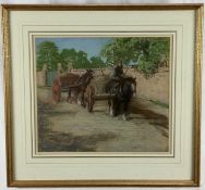 James McLaren (Scottish, exhibited 1880-1917) pastel on board - horse and haycart, 35 x 40cm in glaz