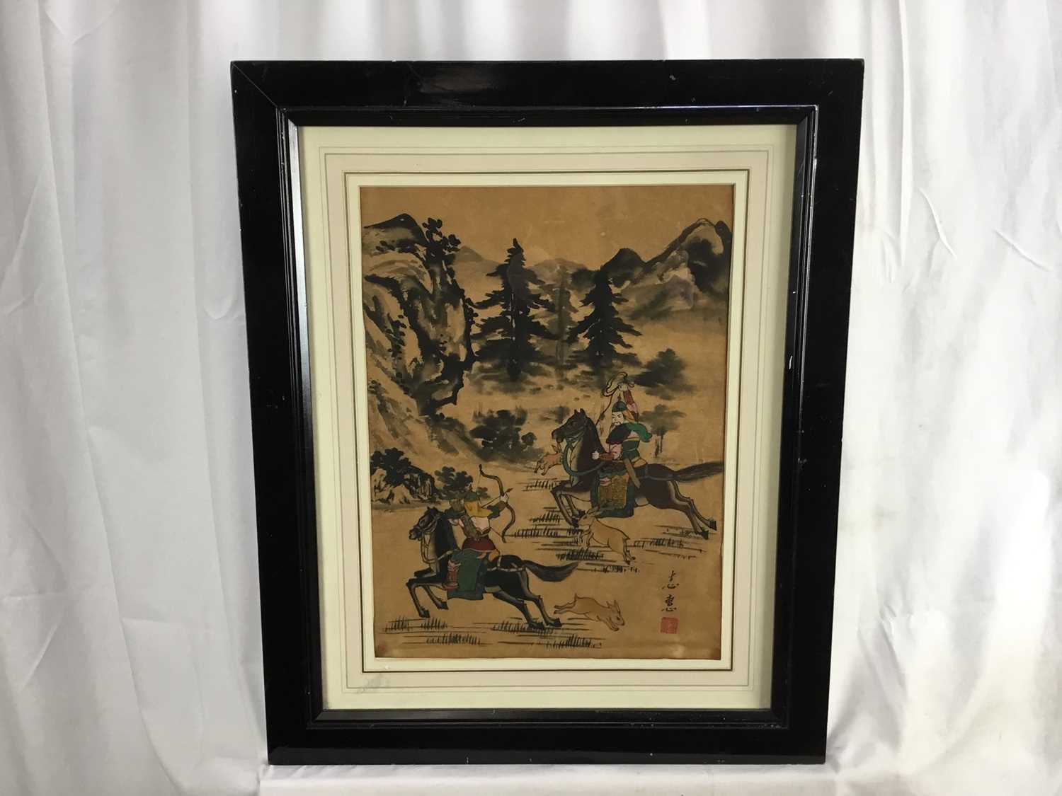 Chinese painting on ricepaper, warriors on horseback, signed with character mark, 40x 30cm, framed a - Image 5 of 5