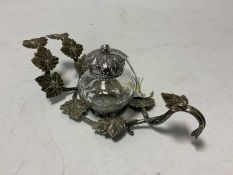 Georgian silver topped cut glass inkwell, (London 1806) on a silver plated stand in the form of vine