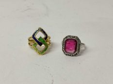 18ct gold enamelled ring, marked 750, ring size J 1/2 and silver cocktail ring, marked 935, ring siz