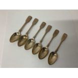 Set of six Victorian silver fiddle pattern teaspoons, (London 1872), all at 4.8ozs