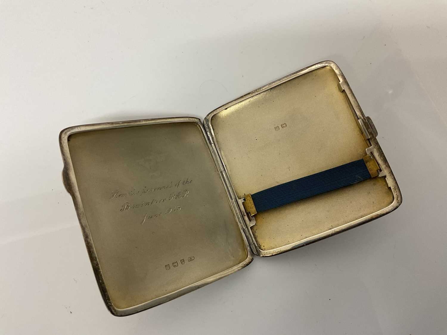 Local interest- George V silver cigarette case of rectangular form with engine turned decoration and - Image 2 of 2