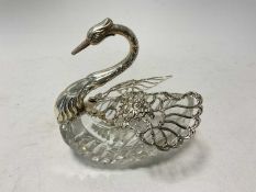 Continental cut glass silver mounted post vase modelled as a swan, import marks for London 1962, 12.