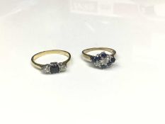 18ct gold diamond and sapphire three stone ring, together with 9ct gold diamond and synthetic blue s