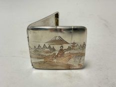 Early 20th century Japanese silver cigarette case with engraved decoration, marked Sterling to inter