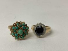 9ct gold turquoise cluster ring, size N 1/2 and a 9ct gold sapphire and diamond ring, size M 1/2 (2)