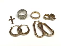 9ct gold wedding ring, 9ct white gold thick band ring, 9ct gold cross pendant and three pairs of gol