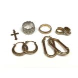 9ct gold wedding ring, 9ct white gold thick band ring, 9ct gold cross pendant and three pairs of gol